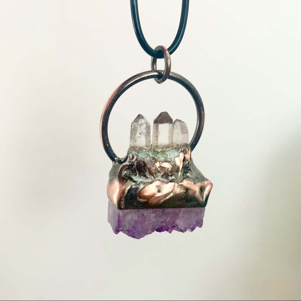 Tri-Quartz Point & Amethyst Copper Wrapped Necklace